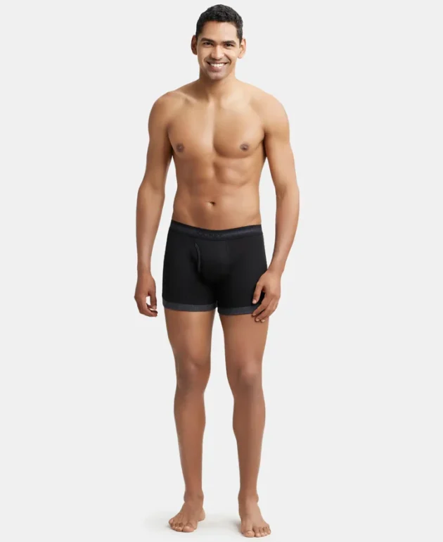 Super Combed Cotton Rib Solid Boxer Brief with StayFresh Treatment - Black & Black Melange (Pack of 2) - Image 4