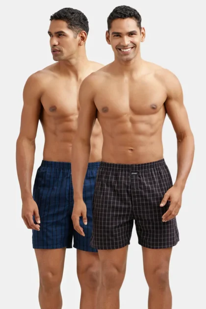 Super Combed Mercerized Cotton Woven Checkered Boxer Shorts with Side Pocket - Black & Navy(Pack of 2)