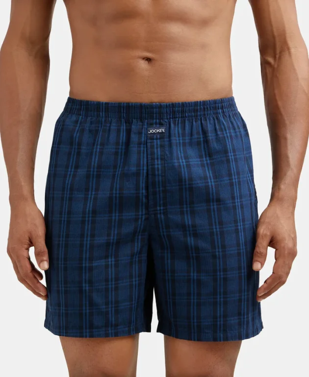 Super Combed Mercerized Cotton Woven Checkered Boxer Shorts with Side Pocket - Black & Navy(Pack of 2) - Image 2