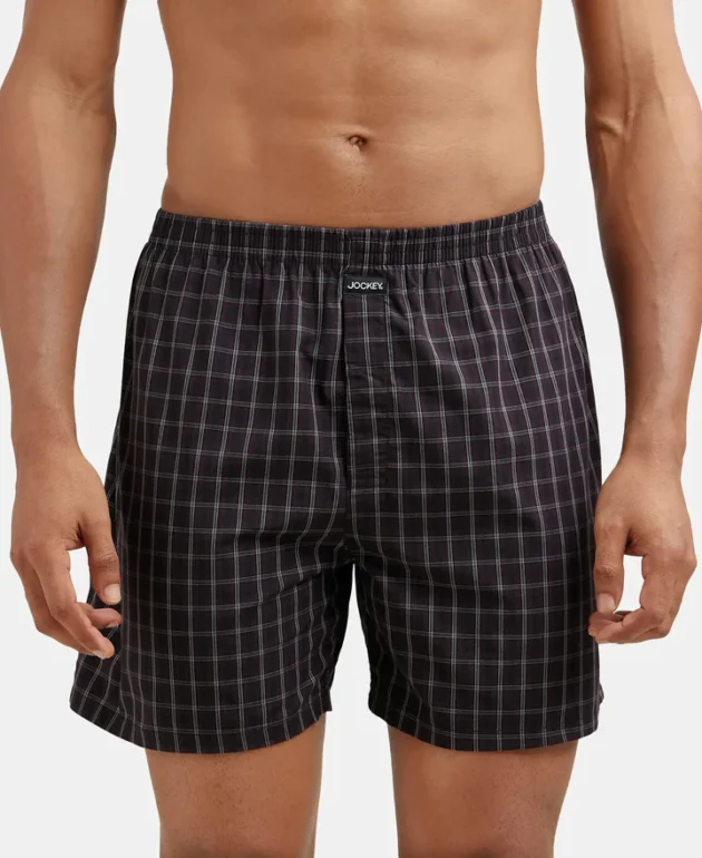 Super Combed Mercerized Cotton Woven Checkered Boxer Shorts with Side Pocket - Black & Navy(Pack of 2) - Image 3