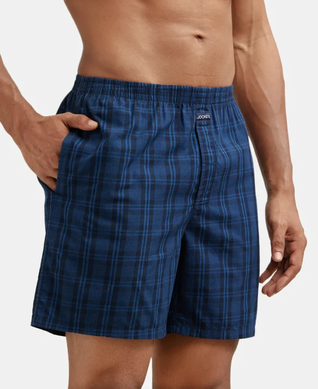 Super Combed Mercerized Cotton Woven Checkered Boxer Shorts with Side Pocket - Black & Navy(Pack of 2) - Image 4