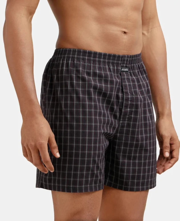 Super Combed Mercerized Cotton Woven Checkered Boxer Shorts with Side Pocket - Black & Navy(Pack of 2) - Image 5