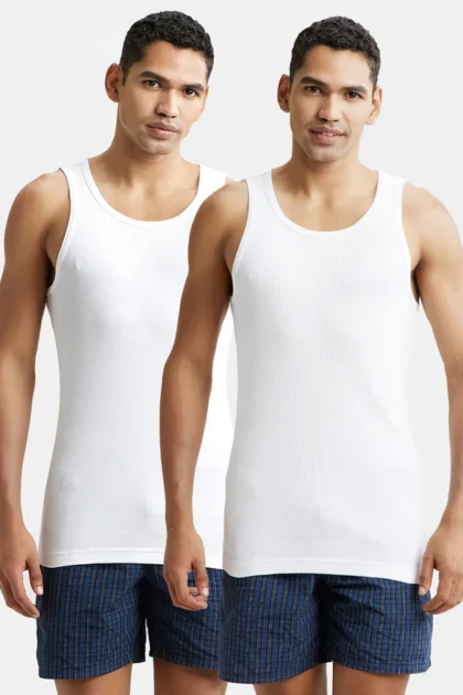 Super Combed Cotton Rib Round Neck Sleeveless Vest with StayFresh Properties - White (Pack of 2)