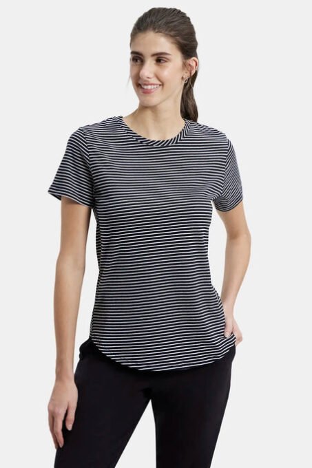 Super Combed Cotton Stripe Fabric Relaxed Fit Round Neck Half Sleeve T-Shirt with Curved Hem Styling - Desert Taupe