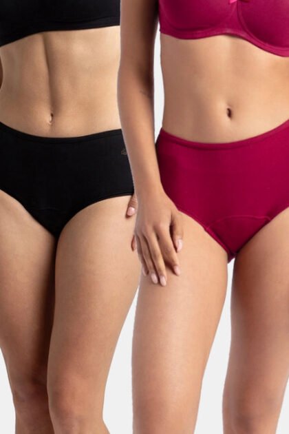 Super Combed Cotton Elastane Stretch Period Panty with Leak Proof Inner Absorbent Layer and StayFresh Treatment - Black & Beet Red (Pack of 2)