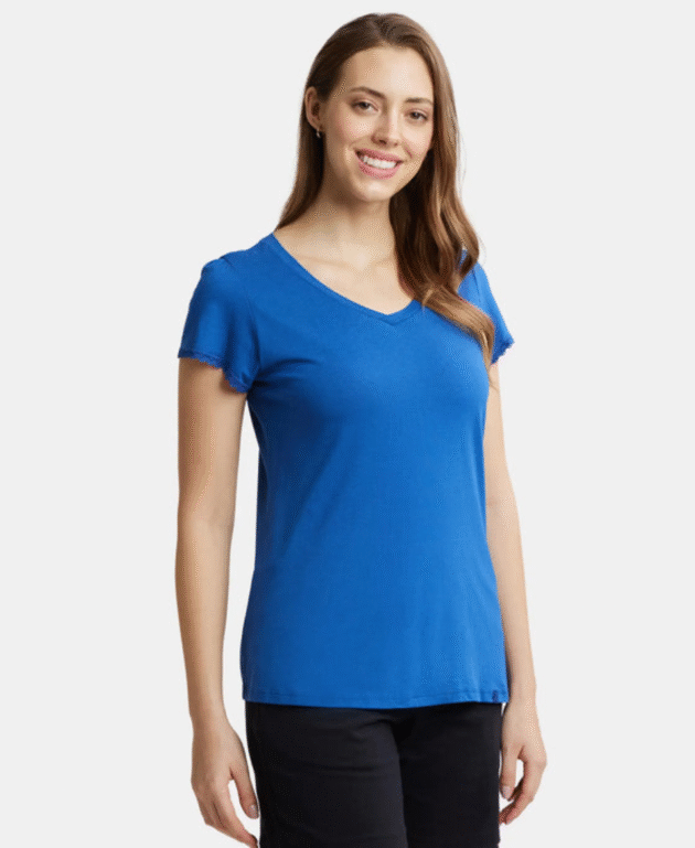 Micro Modal Cotton Relaxed Fit Solid V Neck Half Sleeve T-Shirt - Image 3