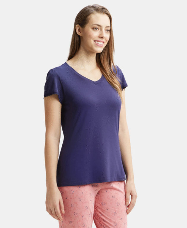 Micro Modal Cotton Relaxed Fit Solid V Neck Half Sleeve T-Shirt - Image 2