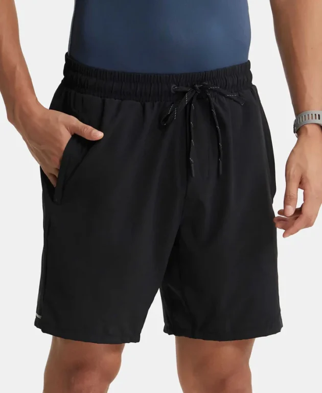 Recycled Microfiber Elastane Stretch Solid Shorts with Zipper Pockets and StayFresh Treatment - Black - Image 3