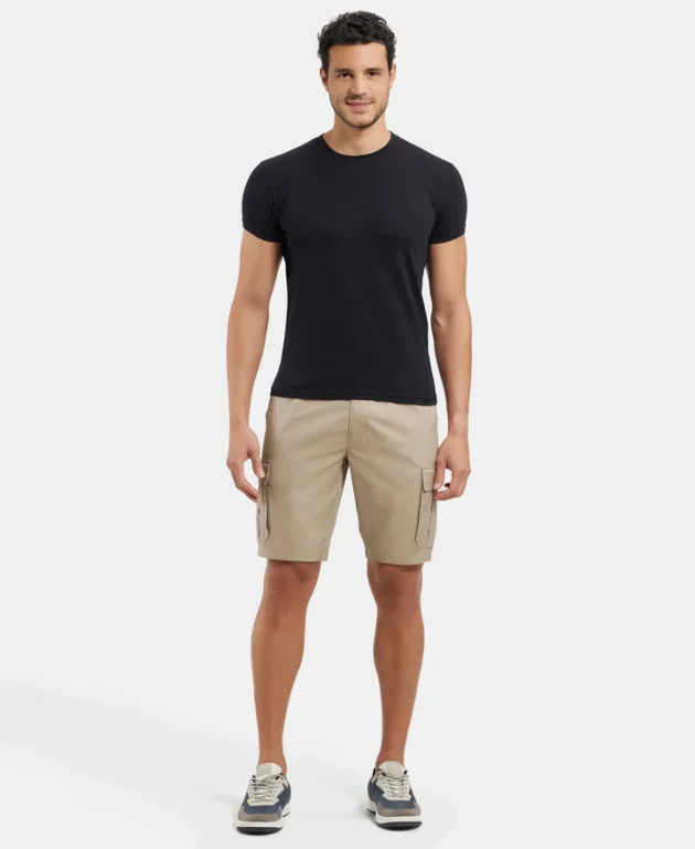 Super Combed Mercerised Cotton Woven Straight Fit Cargo Shorts - Khaki - Image 3