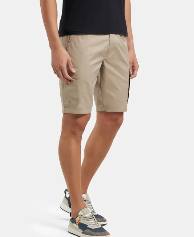 Super Combed Mercerised Cotton Woven Straight Fit Cargo Shorts - Khaki - Image 4
