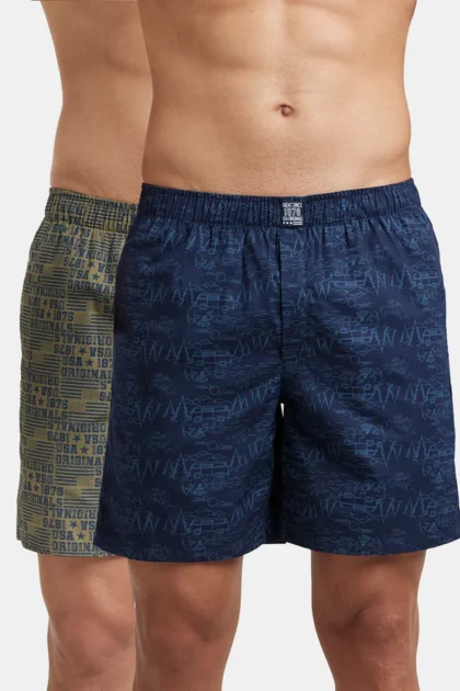 Super Combed Mercerized Cotton Woven Printed Boxer Shorts with Side Pockets - Navy & Burnt Olive (Pack of 2)